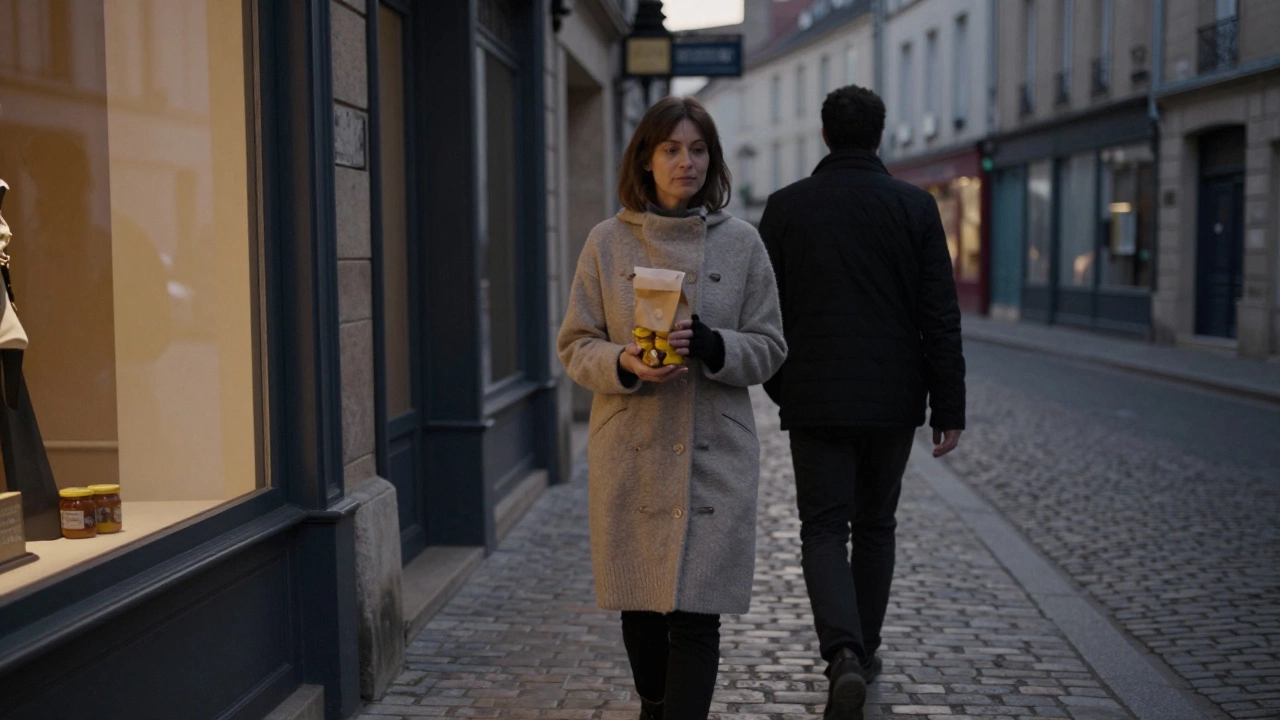 A woman walks through old Dijon streets at dusk, holding mustard jars, with a quiet companion behind her.