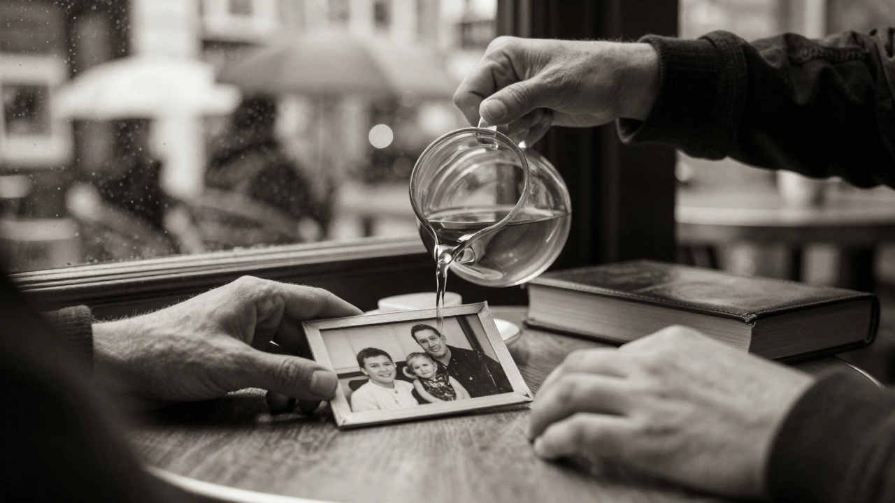 Hands placing a photo and pouring tea at a London café, rain blurring the background, conveying quiet connection and dignity.