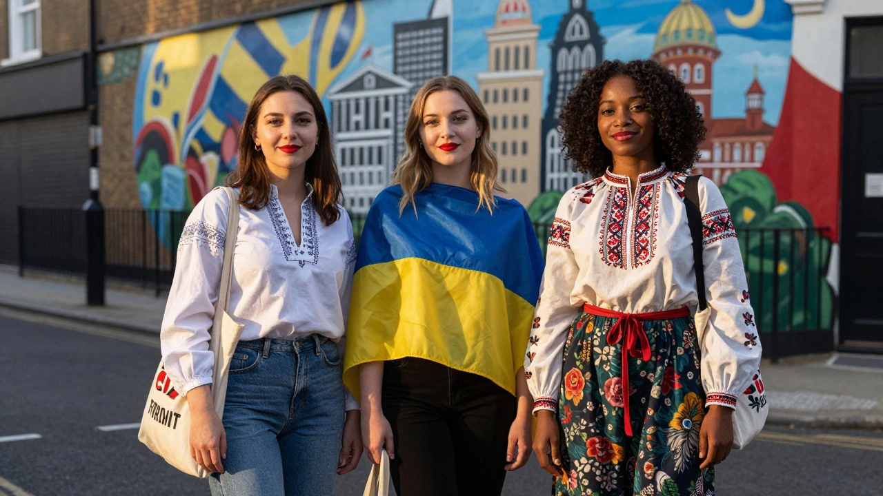 Three women from different European countries walk together in Brixton, dressed in culturally distinct styles under golden hour light.