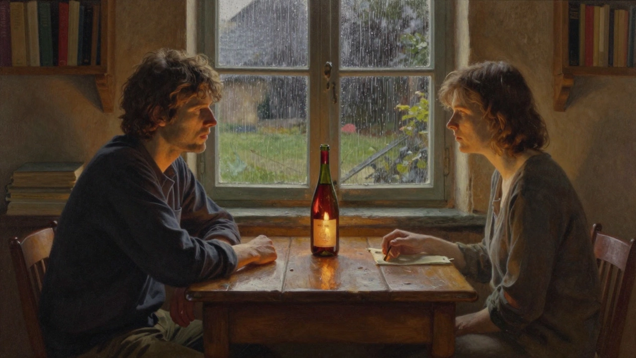 Two people sit in silent companionship by a fireplace in a countryside cottage near Dijon.